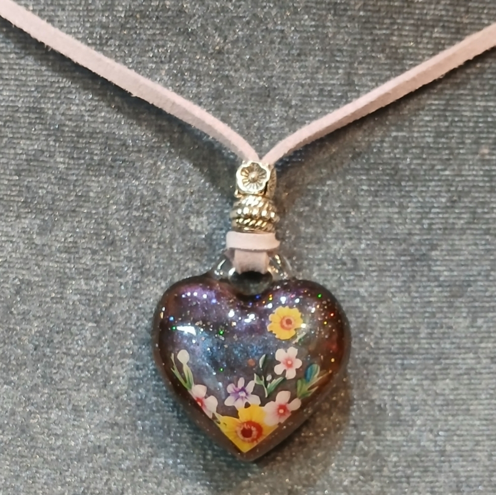 Handmade Purple Glitter Heart Pendant Necklace with Floral Detail